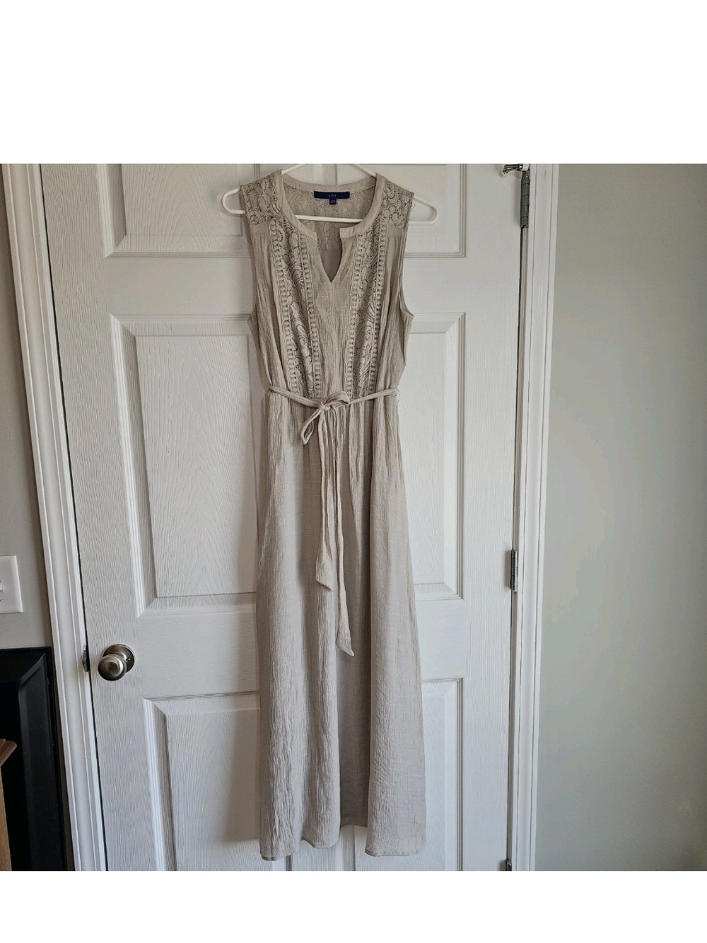 Gauzy Lined Maxi Dress Lace V-neck Sand Beige Tan Womens Belted Sleeveless PM